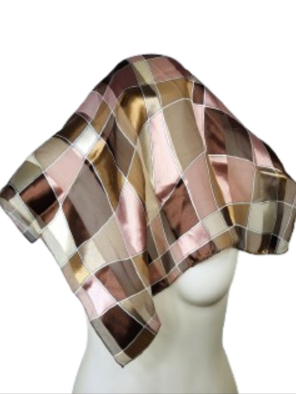 1960's 70's Style Silk-Feel Plaid Neck Scarf in Brown and Gold 20" x 20"